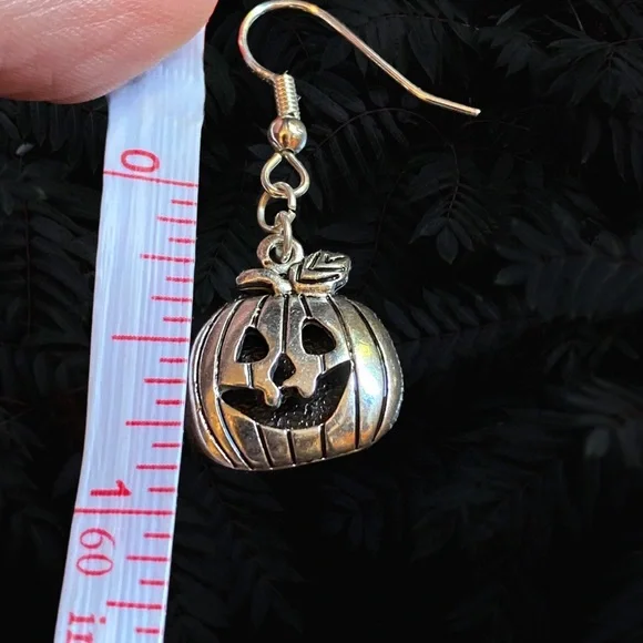 Hand Crafted Earrings Halloween Pumpkin Charm Silver Metal Dangle Pierced - Picture 6 of 6